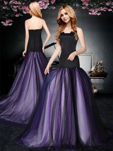 Black and Purple Column/Sheath Tulle Strapless Sleeveless Ruching With Train Lace Up Prom Evening Gown Brush Train