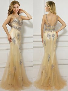 Mermaid With Train Gold Homecoming Dress Scoop Cap Sleeves Brush Train Backless