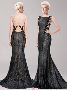 Simple Mermaid Square Sleeveless Sequined With Brush Train Clasp Handle Prom Dress in Black for with Appliques and Sequins