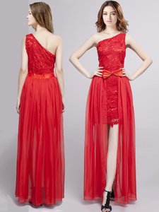 Graceful Red One Shoulder Neckline Lace and Bowknot Dress for Prom Sleeveless Zipper