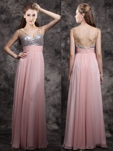 Floor Length Zipper Prom Party Dress Baby Pink and In for Prom with Beading and Sequins