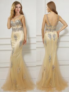 High Class Mermaid Scoop Gold Cap Sleeves With Train Beading Backless Homecoming Dress