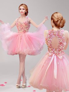 High Class Halter Top Mini Length A-line Sleeveless Pink Prom Dress Backless
