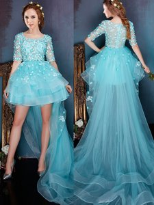 Modest Square Aqua Blue Half Sleeves High Low Beading Zipper Dress for Prom
