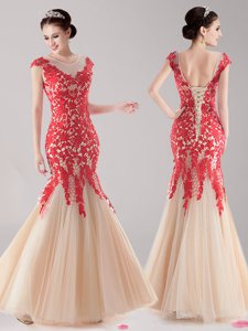 Decent Mermaid Scoop Cap Sleeves Floor Length Lace Lace Up Prom Dresses with Red and Champagne