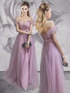 Off the Shoulder Sleeveless Lace and Ruching and Bowknot and Hand Made Flower Lace Up Prom Party Dress