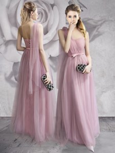 One Shoulder Sleeveless Ruching and Bowknot and Hand Made Flower Lace Up Prom Dress