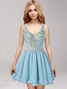 Straps Straps Sleeveless Mini Length Beading and Ruching Side Zipper Dress for Prom with Light Blue