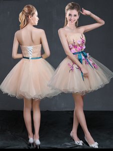 Romantic Organza Sleeveless Mini Length Prom Dress and Appliques and Belt