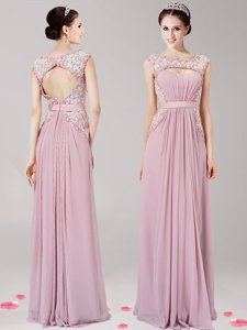 Pink Zipper Scoop Appliques Evening Dress Chiffon Sleeveless