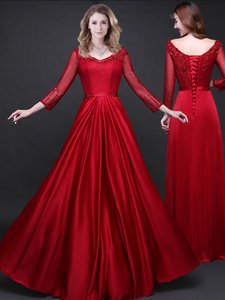 Long Sleeves Floor Length Lace Up Prom Gown Wine Red and In for Prom with Appliques and Belt