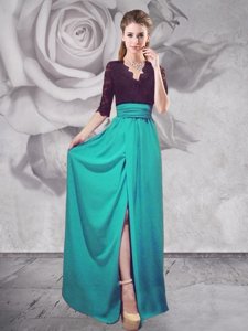 Turquoise Empire Elastic Woven Satin Half Sleeves Lace Floor Length Zipper Prom Dress