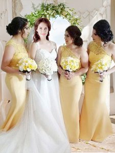 Suitable Satin One Shoulder Sleeveless Zipper Lace and Belt Prom Gown in Yellow