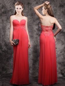 Most Popular Floor Length Red Prom Dress Chiffon Sleeveless Appliques
