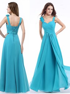 Unique Chiffon Straps Sleeveless Lace Up Ruching Dress for Prom in Aqua Blue