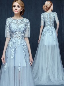 New Style Scoop Light Blue Half Sleeves With Train Appliques Zipper Prom Gown