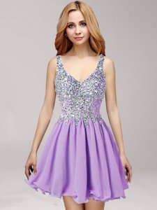 High End Straps Straps Lavender Side Zipper Dress for Prom Beading and Ruffles Sleeveless Mini Length