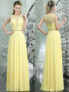 Scoop Yellow Side Zipper Beading and Lace Sleeveless Floor Length