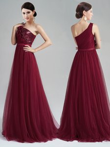 Designer Sequins One Shoulder Sleeveless Brush Train Zipper Prom Gown Burgundy Tulle