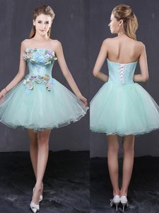 Delicate Apple Green A-line Strapless Sleeveless Organza Mini Length Lace Up Hand Made Flower
