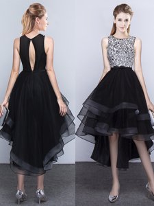 A-line Dress for Prom Black Scoop Tulle Sleeveless High Low Backless