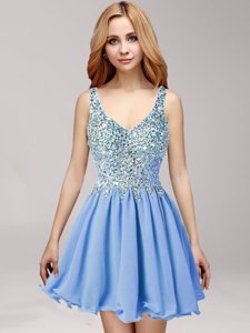 Edgy Straps Straps Criss Cross Mini Length Blue Dress for Prom Chiffon Sleeveless Beading and Ruffles