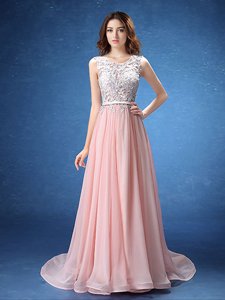 Comfortable Baby Pink Scoop Zipper Lace and Appliques and Belt Prom Gown Brush Train Sleeveless