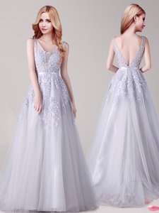 Silver Backless V-neck Appliques and Belt Dress for Prom Tulle Sleeveless