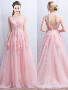 Backless Tulle Sleeveless With Train Evening Dress Brush Train and Appliques and Belt