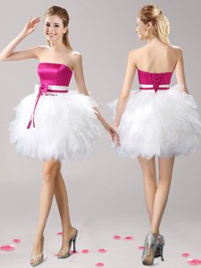 Sleeveless Tulle Mini Length Lace Up Prom Evening Gown in Pink And White for with Ruffles and Bowknot