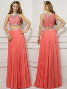 Fancy Scoop Watermelon Red Sleeveless Chiffon Zipper Dress for Prom for Prom