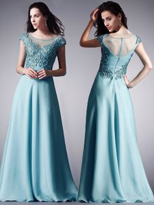 Stunning Scoop Cap Sleeves Chiffon Floor Length Zipper Dress for Prom in Light Blue for with Appliques