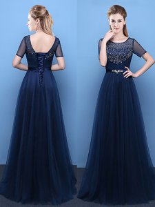 Scoop Floor Length Empire Short Sleeves Navy Blue Lace Up