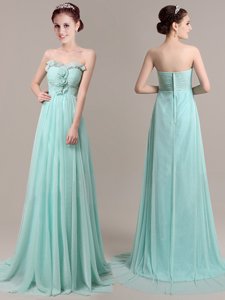 Sweetheart Sleeveless Prom Evening Gown With Brush Train Beading and Hand Made Flower Apple Green Tulle