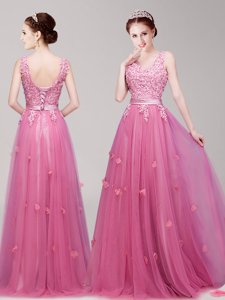 Flare Pink Empire Tulle V-neck Sleeveless Appliques and Belt Floor Length Lace Up