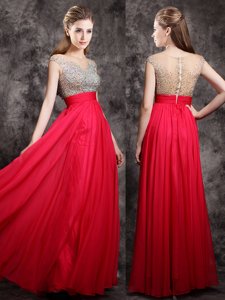 Glittering Floor Length Coral Red Prom Party Dress Chiffon Cap Sleeves Beading