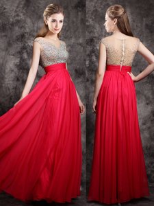 Cute Empire Prom Party Dress Red V-neck Tulle and Lace Short Sleeves Floor Length Zipper