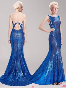 Mermaid Square Blue Sequined Clasp Handle Prom Evening Gown Sleeveless With Brush Train Appliques and Sequins