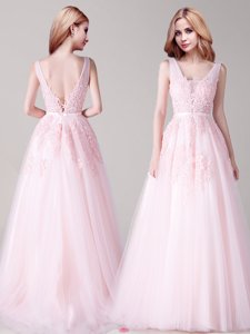 Romantic Floor Length Champagne Homecoming Dress Bateau Sleeveless Lace Up