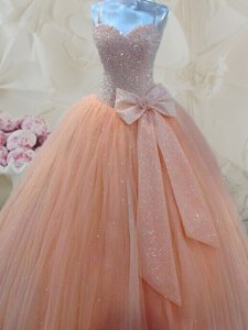 Tulle Spaghetti Straps Sleeveless Lace Up Beading and Bowknot in Peach