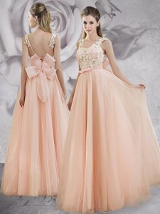 Peach Straps Lace Up Appliques and Bowknot Dress for Prom Sleeveless