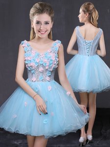 Sleeveless Organza Mini Length Lace Up Prom Dresses in Baby Blue for with Hand Made Flower