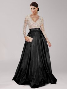 Black Long Sleeves Floor Length Beading and Belt Zipper Prom Dresses