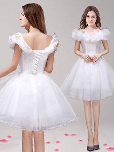 Best Off the Shoulder Sleeveless Knee Length Appliques and Ruffles Lace Up Prom Party Dress with White
