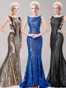 Cute Mermaid Square Sleeveless Brush Train Appliques and Sequins Clasp Handle Prom Evening Gown