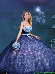 Fashionable Royal Blue Quinceanera Gown Lace Sleeveless Spring and Summer and Fall and Winter Appliques and Bowknot