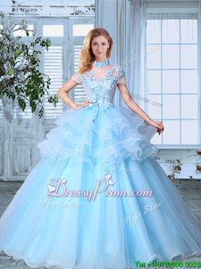 Popular High-neck Short Sleeves Quince Ball Gowns Floor Length Appliques and Ruffled Layers Light Blue Organza