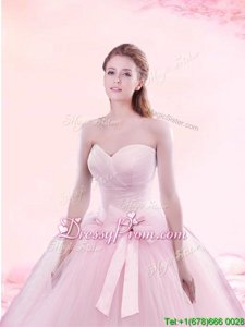 Elegant Baby Pink A-line Sweetheart Sleeveless Tulle With Brush Train Lace Up Ruching and Bowknot Sweet 16 Dress