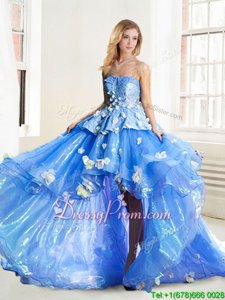 On Sale Blue Organza Lace Up 15th Birthday Dress Sleeveless High Low Appliques