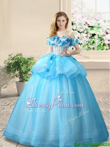 Chic Baby Blue Lace Up Off The Shoulder Beading and Appliques Sweet 16 Quinceanera Dress Organza Sleeveless